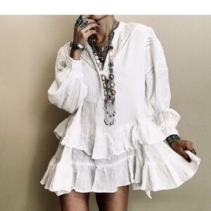 Free People Tiered Sachi Mini Dress White Tunic Women's Size L